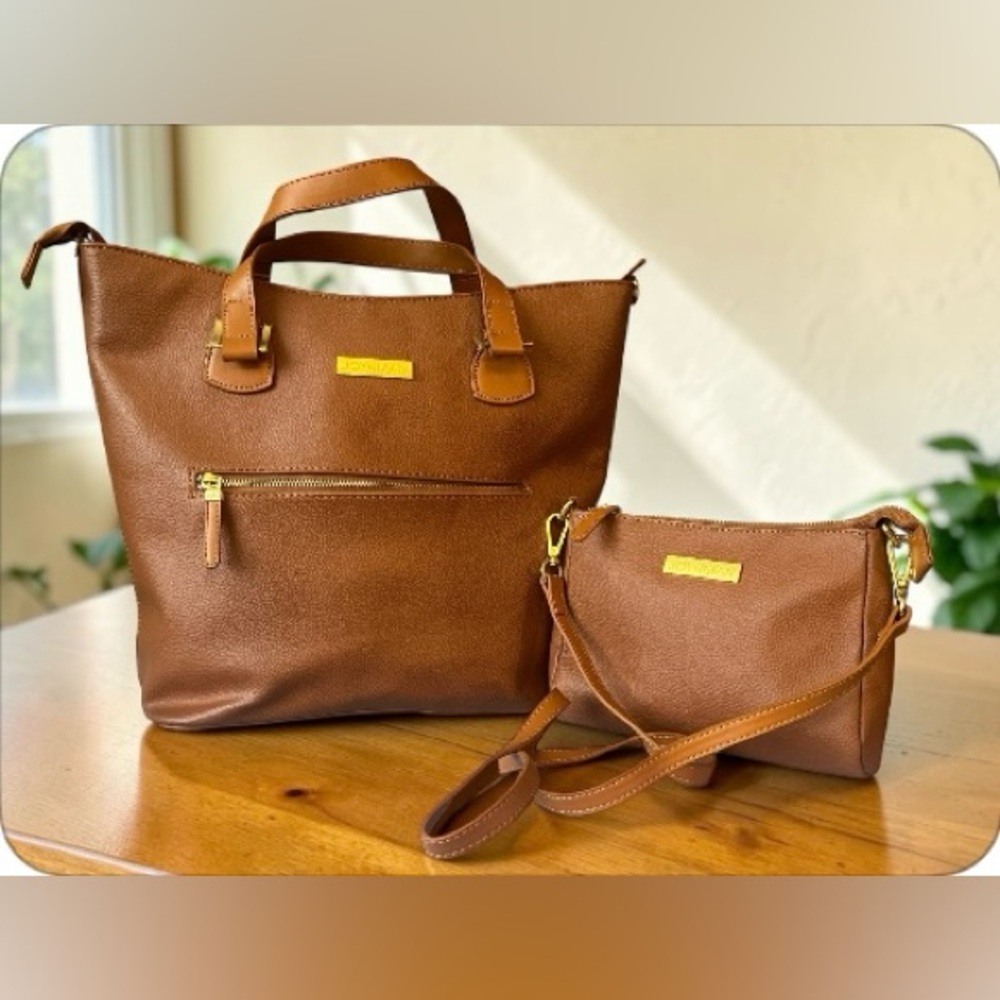 Joy & Iman Alexandria Leather Tan Tote with Matching Crossbody - Everyday Chic - Picture 10 of 12
